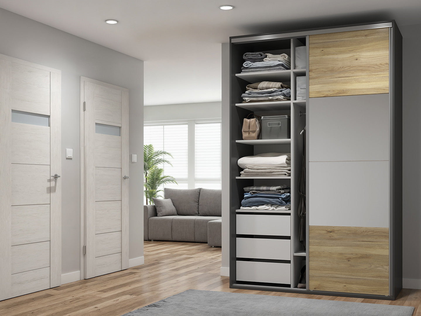 Sliding wardrobe Flex  150 cm with mirror graphite/Mauvella oak