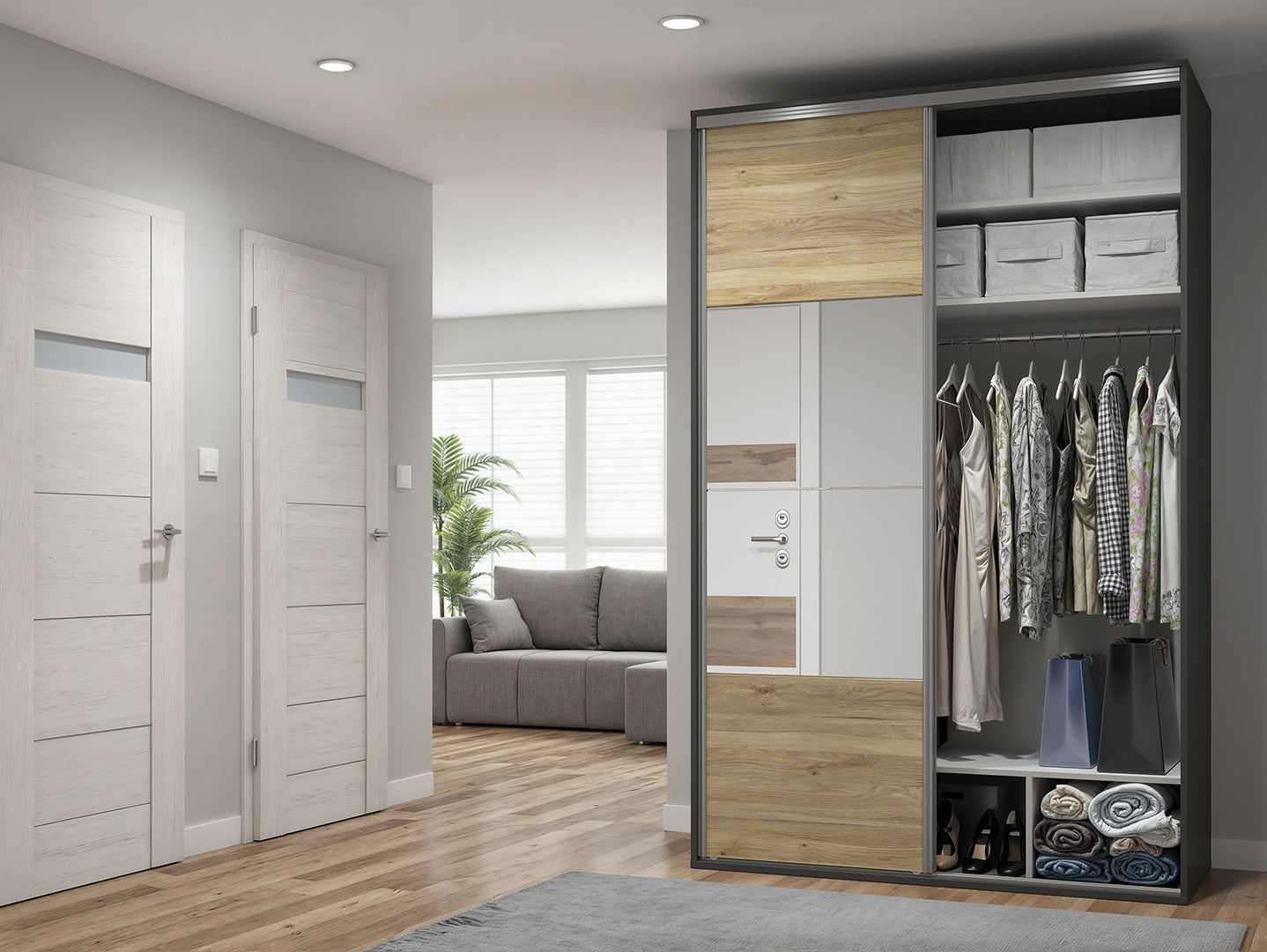 Sliding wardrobe Flex  150 cm with mirror graphite/Mauvella oak